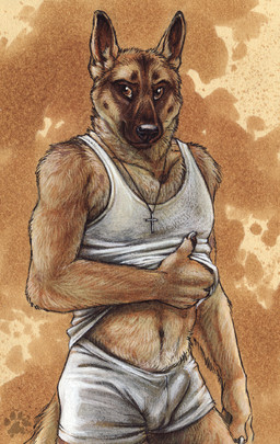 anthro boxers_(clothing) brown_body brown_eyes brown_fur bulge clothed clothing cross cross_necklace detailed_bulge fluffy fur genital_outline jewelry male navel necklace penis_outline raised_clothing raised_topwear shirt simple_background solo tail tan_body tan_fur tank_top topwear underwear white_clothing blotch scratches_volume_3 canid canine canis domestic_dog german_shepherd herding_dog mammal pastoral_dog 2009 hi_res portrait three-quarter_portrait traditional_media_(artwork)