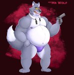 anthro belly black_nose bodily_fluids briefs clothing fur grey_body grey_fur gun humanoid_hands male male_anthro moobs musclegut muscular nipples overweight overweight_male purple_briefs purple_clothing purple_underwear ranged_weapon solo sweat underwear weapon white_body white_fur stompsyeen dreamworks the_bad_guys mr._wolf_(the_bad_guys) canid canine canis mammal wolf 2021 hi_res