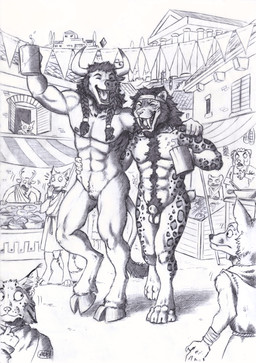 abs andromorph andromorph/male animal_genitalia anthro athletic athletic_andromorph athletic_anthro athletic_intersex athletic_male balls being_watched beverage biped bodily_fluids body_hair braided_hair casual_nudity clitoris clitoris_piercing clothed clothed/nude clothing duo_focus eyes_closed facial_piercing fully_sheathed genital_piercing genitals group hair hand_on_shoulder happy_trail holding_beverage holding_object hooves horn intersex intersex/male looking_at_another male marketplace muscular muscular_andromorph muscular_anthro muscular_intersex muscular_male nipple_piercing nipples nose_piercing nose_ring nude open_mouth open_smile outdoor_nudity paws pecs piercing public public_nudity ring_piercing sheath smile social_nudity sweat tail tongue vulva walking 0laffson bentayga bovid bovine canid canine cattle cheetah deer felid feline mammal prehistoric_species saber-toothed_tiger 2025 greyscale hi_res monochrome traditional_media_(artwork) trans_(lore) trans_man_(lore)