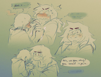 ambiguous_gender anthro blush bodily_fluids clenched_teeth clothing dialogue hair hand_holding hoodie long_hair misunderstanding scales sharp_teeth solo speech_bubble sweat sweatdrop teeth text topwear thelostmoongazer deltarune mythology undertale_(series) kris_dreemurr susie_(deltarune) dragon human mammal monster mythological_creature mythological_scalie scalie comic english_text