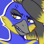 angry anthro beak blue_body blue_feathers feathers female looking_away simple_background solo teeth yellow_body yellow_eyes yellow_feathers unknown_artist requiem avian bird 1:1 2018 bust_portrait low_res portrait