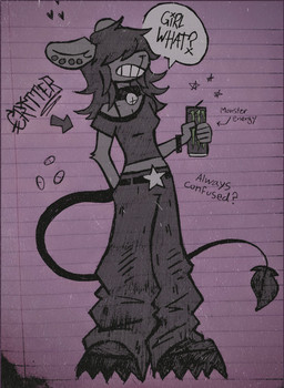 anthro bell bell_collar beverage_can black_bottomwear black_clothing black_collar black_pants black_shirt black_t-shirt black_tank_top black_topwear bottomwear bracelet can clothing collar container dialogue directional_arrow ear_piercing ear_stud female hair hair_over_eyes hand_in_pocket holding_can holding_container holding_object humanoid_hands jewelry off-shoulder_top oversized_bottomwear oversized_clothing oversized_pants pants piercing pockets shirt solo speech_bubble standing t-shirt tail talking_to_viewer tank_top text topwear wearing_collar critteremitter monster_energy critter_(critteremitter) mammal murid murine rat rodent 2025 digital_media_(artwork) digital_painting_(artwork) english_description english_text hi_res painting_(artwork) traditional_media_(artwork) trans_(lore) trans_woman_(lore)