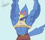 abs anthro armpit_hair beak biceps blue_body body_hair bottomwear clothed clothing clothing_lift male muscular muscular_anthro muscular_male pants pecs raised_arm shirt shirt_lift solo tank_top topwear yellow_beak crimenes nintendo star_fox falco_lombardi avian bird falcon falconid