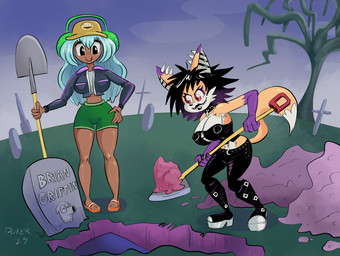 alternative_fashion anthro baseball_cap big_breasts black_boots black_bottomwear black_choker black_clothing black_eyes black_footwear black_hair black_jewelry black_lips black_necklace black_pants blue_hair boots bottomwear breasts cemetery cheek_tuft choker cleavage clothed clothing corset dark_body dark_skin digging dirt duo ear_piercing electronics exhumation eyeshadow facial_tuft female flip_flops footwear fur goth gradient_hair grave green_bottomwear green_clothing green_shorts hair hat headgear headphones headwear industrial_piercing industrial_piercing_ladder jacket jewelry lingerie lips long_hair makeup memorial_cross midriff multicolored_hair necklace orange_body orange_fur outside pants piercing plant purple_body purple_eyeshadow purple_fur purple_hair red_eyes sandals sharp_teeth shoes short_hair shorts shovel smile tail teeth text tombstone tools topwear tree tuft two_tone_hair boker adult_swim cartoon_network family_guy smiling_friends brian_griffin dolly_dimpley laura_derose bat-eared_fox canid canine fox human mammal artist_name full-length_portrait portrait signature