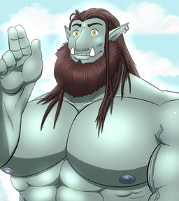 abs bare_shoulders beard facial_hair hair long_hair male nipples not_furry pecs smile solo vein ryanburr humanoid orc