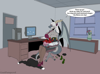 accessory age_regression anthro back_wings big_diaper black_body black_hair black_scales bra breastfeeding breasts chair clean_diaper clothing clothing_on_ground computer dialogue diaper dragon_wings duo electronics exposed_bra exposed_breasts female furniture hair holding_baby horn inside long_ears membrane_(anatomy) membranous_wings necktie neonate office office_chair office_clothing office_setting on_chair orange_eyes purple_eyes red_body red_scales scales shirt sitting sitting_on_chair smug_grin tail topwear unbuttoned_shirt underwear white_hair wings young goatpampered mythology tia_(crimsoni) dragon mythological_creature mythological_scalie scalie hi_res