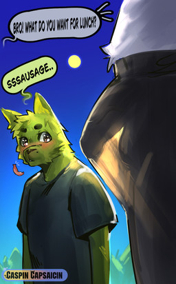 anthro balls bottomwear bulge clothing duo food genitals green_body male male/male meat pants penis sausage shirt topwear caspincapsaicin canid canine canis domestic_dog mammal hi_res