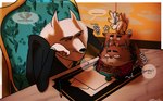 anthro clothing detailed_background duo ellipsis food inside male necktie shirt sitting size_difference slightly_chubby suit text topwear art_lhz_mouse illumination_entertainment sing_(movie) jerry_(sing) jimmy_crystal canid canine canis domestic_cat felid feline felis mammal wolf 2022 english_text hi_res korean_text