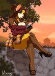 bottomwear breasts cleavage clothed clothing crossed_legs detailed_background female footwear high_heels hotpants long_legs outside shoes shorts sitting smoking solo texting vixvixart arlene_nicolai african_wild_dog canid canine mammal absurd_res hi_res