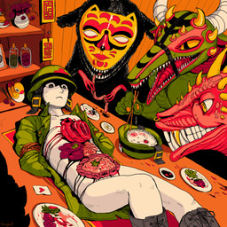 5_fingers ambiguous_gender anthro armor biped body_sushi bound chopsticks eyelashes fingers food food_fetish food_play gold_(metal) gold_tooth gore group headgear helmet holding_chopsticks holding_object horn human_on_anthro interspecies male male/ambiguous open_mouth sharp_teeth teeth sinnykitt human mammal scalie 1:1 hi_res