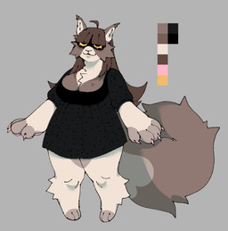 4_fingers anthro bangs big_tail black_clothing black_dress breasts brown_body brown_fur brown_hair brown_tail cheek_tuft chest_tuft claws cleavage clothed clothing dress facial_tuft female finger_claws fingers fur hair long_hair multicolored_body multicolored_fur narrowed_eyes solo standing tail tuft white_body white_fur white_inner_ear yellow_sclera yoobec domestic_cat felid feline felis mammal 2024 digital_media_(artwork) full-length_portrait portrait