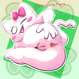 4_fingers anthro anus arm_tuft bodily_fluids bow_(feature) bow_on_head bow_only butt butt_tuft cheek_spots command elbow_tuft eyebrows eyelashes female fingers fur genitals half-closed_eyes hand_on_butt homophobic_slur logo narrowed_eyes nude open_mouth pink_body pink_fur presenting presenting_anus presenting_hindquarters solo speech_bubble spread_anus spread_butt spreading sweat sweaty_butt tail text tuft vulva whiskers white_body white_eyes white_fur half_dime 4chan moot domestic_cat felid feline felis mammal 1:1 absurd_res hi_res