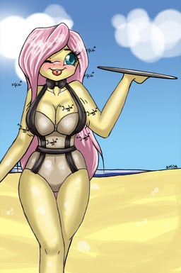 anthro anthrofied beach biped blue_eyes blush bow_(feature) bow_tie breasts clothing cloud drunk female fingers fur hair long_hair looking_at_viewer one_eye_closed outside pink_hair seaside serving_tray sky smile solo standing substance_intoxication swimwear tongue tongue_out wink yellow_body yellow_fur smisa friendship_is_magic hasbro my_little_pony fluttershy_(mlp) equid equine horse mammal pony portrait three-quarter_portrait