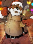 anthro bag beard belly belt big_belly blush bottomwear brick_wall christmas_clothing christmas_headwear clothed clothing cookie eyebrows facial_hair food fur gloves handwear hat headgear headwear holding_object holidays looking_at_viewer male narrowed_eyes navel nipples overweight overweight_anthro overweight_male pants santa_hat smile smoking_pipe solo standing suspenders topless topless_anthro topless_male tuft wall_(structure) k-9 christmas santa_claus bear mammal 2023 3:4 hi_res signature