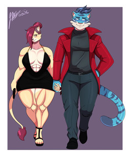 abs amber_eyes anthro black_clothing black_dress blue_body blue_eyes blue_fur blush bottomwear breasts cleavage clothed clothing collared_jacket dress duo female fur hair hair_over_eye jacket larger_male male male/female muscular muscular_thighs pants purse red_clothing red_hair red_jacket red_topwear size_difference smaller_female smile sweater tail topwear turtleneck jwinkz kaylee_(jwinkz) domestic_cat felid feline felis mammal pantherine tiger 2026 hi_res