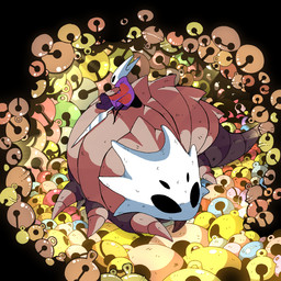 2_horns 4_eyes ambiguous_gender anthro bell black_eyes cloak clothing duo feral horn melee_weapon multi_eye red_cloak red_clothing sitting tail weapon osakana2gou hollow_knight hollow_knight:_silksong team_cherry hornet_(hollow_knight) arthropod