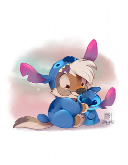 black_nose brown_body brown_fur cheek_tuft chibi claws clothing cosplay duo eyelashes facial_tuft female fur hair long_ears multicolored_body multicolored_fur notched_ear pink_inner_ear plushie semi-anthro sitting smile suit teeth tuft white_body white_fur white_hair madshy disney lilo_and_stitch stitch_(lilo_and_stitch) canid canine canis coyote mammal 2020 hi_res signature