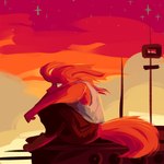 ambiguous_gender anthro anthrofied cloud flowing_hair flowing_mane fluffy fluffy_tail fur hair looking_aside orange_body orange_fur sitting sky solo star starry_sky sunset tail conditional_dnp pansear_lady rain_world videocult hunter_(rain_world) slugcat 1:1