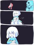 2016 aftertale ambiguous_gender animated_skeleton blood bodily_fluids bone brother_(lore) chara_(undertale) clothing comic geno_sans_(aftertale) glitch hug human humanoid jacket loverofpiggies male mammal not_furry papyrus_(undertale) sans_(undertale) scarf shirt sibling_(lore) skeleton text topwear undead undertale undertale_(series)