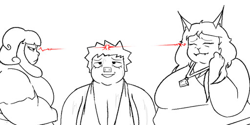 anthro bodily_fluids breasts cleavage clothed clothing dress eye_contact fangs female group holidays looking_at_another obese obese_anthro obese_female overweight overweight_anthro overweight_female sweat teeth trio oxkingky new_year new_year_2026 catherine_(oxkingky) dorothy_b_hound sherry_p_chops canid canine canis domestic_cat domestic_dog domestic_pig felid feline felis mammal suid suine sus_(pig) 2026 black_and_white monochrome spot_color