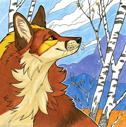 ambiguous_feral ambiguous_gender black_nose blue_sky brown_body brown_fur cheek_tuft closed_smile cloud facial_tuft feral fur glistening glistening_eyes mouth_closed neck_tuft outside plant sky smile snow snowing solo tan_body tan_fur text tree tuft whiskers yellow_body yellow_eyes yellow_fur heatherwolf canid canine fox mammal hi_res url