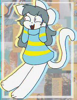 anthro biped black_outline blue_clothing blue_outline blue_sweater blue_topwear border clothing drop_shadow grey_hair hair happy outer_highlight outline pattern_clothing pattern_sweater pattern_topwear solo striped_clothing striped_sweater striped_topwear stripes surprised sweater topwear white_body yellow_outline undertale undertale_(series) temmie_(undertale) mammal tem chromatic_aberration digital_media_(artwork) full-length_portrait portrait