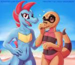 2019 4_fingers anthro anthrofied athletic beach black_markings blue_body blue_scales blue_skin brown_body brown_eyes brown_scales brown_skin cairo_(greenlinzerd) countershading crocodile crocodilian crocodylid duo featureless_chest female_(lore) fingers generation_2_pokemon generation_5_pokemon girly greenlinzerd grey_markings grey_stripes hair hand_on_hip iris_blur kansas_(greenlinzerd) looking_at_viewer male markings navel nintendo nude open_mouth orange_body pink_body pink_countershading pink_markings pokemon pokemon_(species) pseudo_hair pupils raised_tail red_eyes red_hair reptile sandile scales scalie sea seaside sharp_teeth shy signature sky slit_pupils smile stripes tail teeth text totodile url water