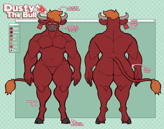 anthro big_butt bovid_horn bovine_horn bull_horn butt digitigrade directional_arrow ear_piercing ear_tag eyelashes facial_piercing fingers hair hooved_fingers hooves horn male muscular muscular_male nose_piercing nose_ring orange_hair piercing red_body ring_piercing solo tail tail_tuft text thick_thighs tuft wide_hips dusty-pixels dusty_the_bull_(dusty-pixels) bovid bovine cattle mammal absurd_res hi_res model_sheet