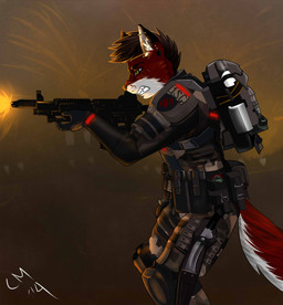 anthro armor backpack biped brown_hair clenched_teeth clothed clothing ear_piercing facial_scar fangs fur green_eyes gun hair half-closed_eyes holding_gun holding_object holding_ranged_weapon holding_weapon industrial_piercing inner_ear_fluff male multicolored_body multicolored_fur narrowed_eyes outside piercing ranged_weapon red_body red_fur scar side_view solo standing teeth tuft two_tone_body two_tone_fur weapon white_body white_fur little-munster sven_hayden canid canine fox mammal 2014 digital_media_(artwork) hi_res
