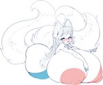 anthro areola big_areola big_breasts big_butt blush breasts butt clothing eyes_closed female fluffy fluffy_tail footwear fur hair huge_breasts long_hair multi_tail nipples open_mouth pink_areola pink_nipples simple_background socks solo tail white_body white_fur white_hair tehbuttercookie canid canine fox mammal character_request hi_res