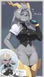 anthro antlers bedroom_eyes biped blue_eyes blush blush_lines clothing crotch_tuft cute_fangs dialogue duo facesitting_request fangs featureless_crotch female fur grey_body grey_fur horn larger_female male multicolored_body narrowed_eyes open_mouth open_smile pantsless_anthro pantsless_female seductive size_difference smaller_male smile speech_bubble standing teasing teeth text thick_thighs tuft yellow_body alice_yagami pseudoregalia butler_(pseudoregalia) sybil_(pseudoregalia) bovid caprine goat hybrid jackalope lagomorph mammal absurd_res english_text hi_res