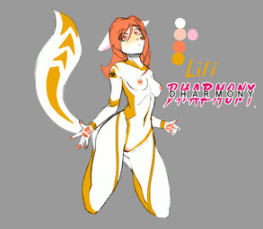 anthro brush erect_nipples female fur machine markings nipples nude solo tail white_body white_fur yellow_body yellow_eyes yellow_markings dharmony electri_kitty android domestic_cat felid feline felis mammal robot absurd_res hi_res