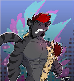abs anthro barazoku bite bite_taken biting_lip black_body black_fur duo fur hair male male/male markings muscular partners pec_bite red_eyes red_hair spots spotted_body spotted_fur stripes teeth nohum nohum_(nohum) tim_lake felid jaguar leopard mammal panthera pantherine