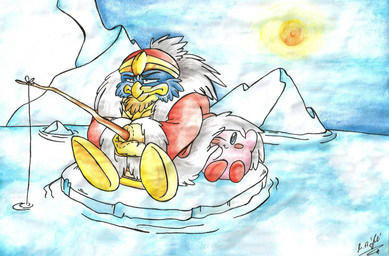 ambiguous_gender anthro blue_eyes closed_smile duo fishing_rod frown frustrated half-closed_eyes ice ice_floe male mouth_closed narrowed_eyes one_eye_closed rosy_cheeks smile sun theakanemnon kirby_(series) nintendo king_dedede kirby hi_res signature traditional_media_(artwork)