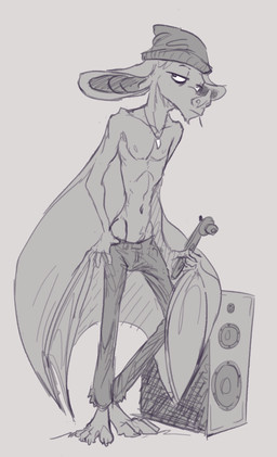 anthro beanie clothed clothing hat headgear headwear looking_at_viewer male pose simple_background skinny socket_wrench solo speaker three-quarter_view topless winged_arms wings animancer kyle_(animancer) bat mammal digital_drawing_(artwork) digital_media_(artwork) full-length_portrait greyscale hatching_(art) hi_res monochrome portrait shaded sketch