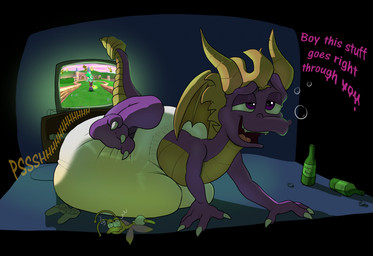 alcohol ambiguous_gender beer beer_bottle belly beverage big_diaper bodily_fluids bottle bubble claws container controller diaper drunk drunk_bubble duo electronics feral finger_claws genital_fluids horn huge_diaper membrane_(anatomy) membranous_wings onomatopoeia open_mouth purple_body purple_eyes raised_leg raised_tail sound_effects substance_intoxication tail teeth television text toe_claws tongue unclean_diaper urine used_diaper using_diaper wet_diaper wetting wetting_diaper white_claws white_diaper wings yellow_belly yellow_body yellow_horn parumpee activision mythology spyro_the_dragon sparx spyro arthropod dragon dragonfly insect mythological_creature mythological_scalie scalie english_text shaded