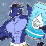 abs anthro beard beverage_can biped black_hair blue_body bottomwear clawed_fingers clothing facial_hair grey_background grin grinning_at_viewer hair holding_object holding_soda horn humanoid_pointy_ears looking_at_viewer male muscular muscular_anthro muscular_male one_eye_closed pecs scales shorts simple_background smile solo tail text wink winking_at_viewer mctaylis mythology psych_hydra dragon mythological_creature mythological_scalie scalie 1:1 half-length_portrait portrait signature