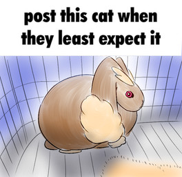 ambiguous_gender brown_body cage feral floor_mat looking_at_viewer red_eyes solo stare text 4chan_anon unknown_artist nintendo pokemon domestic_cat domestic_rabbit felid feline felis generation_4_pokemon lagomorph leporid lopunny mammal oryctolagus pokemon_(species) rabbit english_text meme