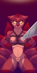 angry anthro areola bdsm bondage bound breasts female fluffy fluffy_tail fur genitals glare knife knife_play looking_at_viewer nipples nude pussy questionable_consent red_body red_fur restrained restraints rope rope_bondage rope_harness simple_background solo tail weapon womb_tattoo yellow_eyes kiss_and_tell_(artist) mythology canid canine fox fox_spirit mammal cel_shading digital_media_(artwork) hi_res shaded