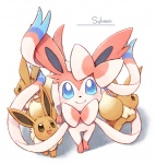 accessory ambiguous_gender blue_eyes bow_(anatomy) bow_ribbon bow_tie brown_body brown_eyes brown_fur feral fur group hair_accessory hair_bow hair_ribbon looking_at_viewer open_mouth ribbons ribbons_(anatomy) simple_background smile white_background wataame nintendo pokemon canid canine eevee eeveelution generation_1_pokemon generation_6_pokemon mammal pokemon_(species) sylveon