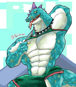 5_fingers abs anthro biceps bottomwear brown_eyes clothed clothing collar facial_piercing fingers green_body green_bottomwear green_clothing green_scales green_shorts hand_behind_head hand_on_chest head_spikes male mouth_piercing muscular muscular_anthro muscular_male neck_piercing nose_piercing nose_ring pecs piercing purple_spikes raised_arm raised_clothing raised_shirt raised_topwear ring_piercing scales serratus shirt shorts simple_background solo spikes spikes_(anatomy) tail text tongue tongue_out tongue_piercing topwear yellow_sclera 8eh3moth goat_(movie) sony_corporation sony_pictures modo_olachenko komodo_dragon lizard monitor_lizard reptile scalie digital_media_(artwork) hi_res url