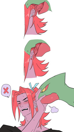 anthro blush bodily_fluids clothing duo ear_lick ear_piercing ear_stud emanata flustered frustration_cloud hair human_on_anthro interspecies licking long_hair male male/male piercing rejection saliva shirt simple_background speech_bubble tongue tongue_out topwear white_background x_symbol laiweitui nintendo pokemon a_mu_(laiweitui) fang_yuan_(laiweitui) pokemon_trainer generation_3_pokemon human mammal pokemon_(species) reptile scalie sceptile comic hi_res sequence