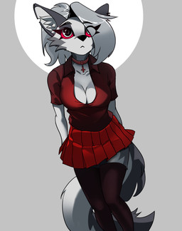 alternative_fashion anthro bangs big_breasts bottomwear breasts cheek_tuft choker cleavage clothed clothing countershade_face countershading cross cross_necklace ear_piercing ear_ring eyelashes eyelashes_through_hair facial_tuft female fur goth grey_background grey_body grey_fur grey_hair hair inner_ear_fluff inverted_cross jewelry legwear necklace piercing pleated_skirt red_bottomwear red_clothing red_sclera red_skirt ring_piercing simple_background skirt solo sparkles sparkling_eyes thigh_highs translucent translucent_hair tuft white_body white_fur jesterwing hellaverse helluva_boss mythology loona_(helluva_boss) canid canid_demon canine demon hellhound mammal mythological_canine mythological_creature 2024 absurd_res digital_media_(artwork) hi_res shaded