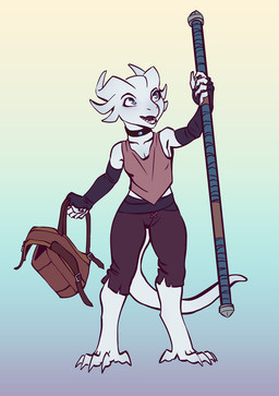 armwear backpack blue_eyes bottomwear breasts choker claws clothed clothing elbow_gloves female fingerless_gloves gloves handwear holding_object horn jewelry necklace pants small_breasts solo staff standing tail toe_claws white_body makkon kobold scalie 2019 digital_media_(artwork) hi_res