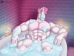 abs anthro bath bathing bathroom bathtub biceps bubble bubble_bath candle fur hair horn male muscular muscular_anthro muscular_male nipples nude pecs pink_hair relaxing rubber_duck smile solo water wet white_body white_fur unibro_pi mythology unibro_pi_(character) equid equine mammal mythological_creature mythological_equine unicorn absurd_res hi_res