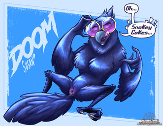 adjusting_glasses anthro avian_feet beak bodily_fluids eyewear eyewear_only feathered_wings feathers feet female genital_fluids genitals glasses licking licking_lips licking_own_lips non-mammal_vulva nude open_beak open_mouth plantigrade simple_background solo spread_legs spreading sunglasses sunglasses_only tail tail_feathers talons text text_box text_with_heart toes tongue tongue_out tuft vaginal_fluids vulva wings wastedtimeee dreamworks the_bad_guys doom_(the_bad_guys) avian bird corvid corvus_(genus) crow oscine passerine absurd_res hi_res