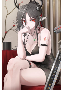 antlers black_clothing black_dress breasts cleavage clothed clothing container cup dress female furniture horn jewelry melee_weapon necklace red_eyes sitting solo sword table weapon mildt arknights hypergryph studio_montagne qiubai_(arknights) animal_humanoid deer deer_humanoid humanoid mammal mammal_humanoid 2023 absurd_res digital_media_(artwork) hi_res
