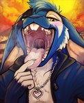 anthro blue_body blue_ears blue_fur blue_hair blush bodily_fluids clothed clothing drooling front_view fur hair inner_ear_fluff jewelry looking_at_viewer male mouth_shot narrowed_eyes necklace open_mouth pink_tongue saliva saliva_string short_hair solo tongue tongue_out tuft white_body white_fur white_inner_ear_fluff yellow_eyes acidic lagomorph leporid mammal rabbit bust_portrait hi_res portrait