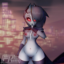 anthro areola arm_tuft black_body black_clothing black_fingerless_gloves black_fur black_gloves black_handwear black_legwear black_nose black_thigh_highs blush bodily_fluids bottomless breasts clothed clothing collar cum cum_between_breasts cum_on_arm cum_on_face cum_on_gloves cum_on_tongue cum_string ear_piercing ear_ring eyebrow_piercing eyelashes facial_piercing female fingerless_gloves fingers front_view fur genital_fluids genitals glistening glistening_eyes gloves grey_body grey_fur grey_hair hair hair_over_eye handwear humanoid_genitalia humanoid_vulva legwear licking_cum long_hair looking_at_viewer medium_breasts mostly_nude multicolored_body multicolored_fur nipples one_eye_obstructed partially_clothed piercing pink_areola pink_nipples pupils red_sclera ring_piercing shoulder_tuft slit_pupils solo spiked_collar spikes standing thigh_highs tongue topless tuft vulva white_body white_eyes white_fur fkimnsfw hellaverse helluva_boss mythology loona_(helluva_boss) canid canid_demon canine demon hellhound mammal mythological_canine mythological_creature 1:1 2022 digital_media_(artwork) hi_res watermark