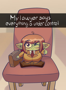 :> ahoge big_breasts blush breasts brown_hair chair chibi eyelashes female furniture gesture hair hand_gesture humanoid_pointy_ears lawyer looking_at_viewer not_furry one_eye_closed pointy_ears sitting solo text thumbs_up wink 20pesos_sopa lula_(20pesos_sopa) goblin humanoid absurd_res english_text hi_res